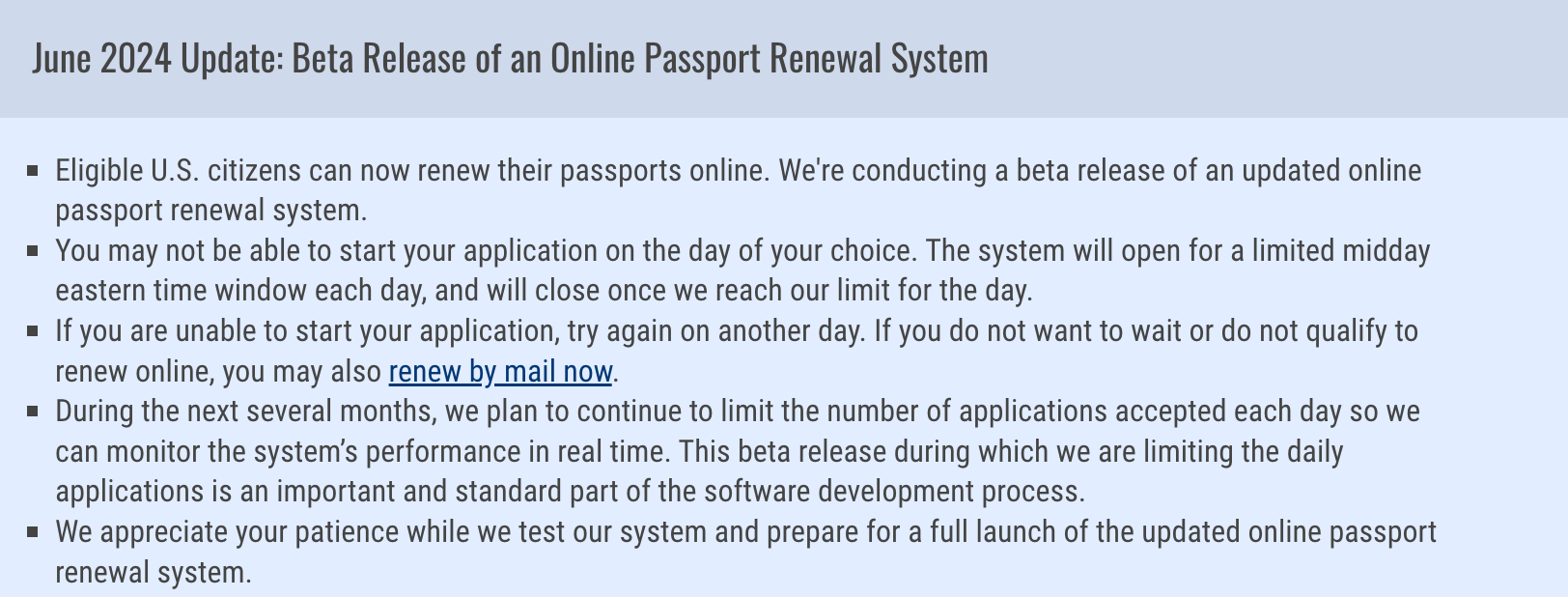 screenshot of status of Online Passport Renewal program 